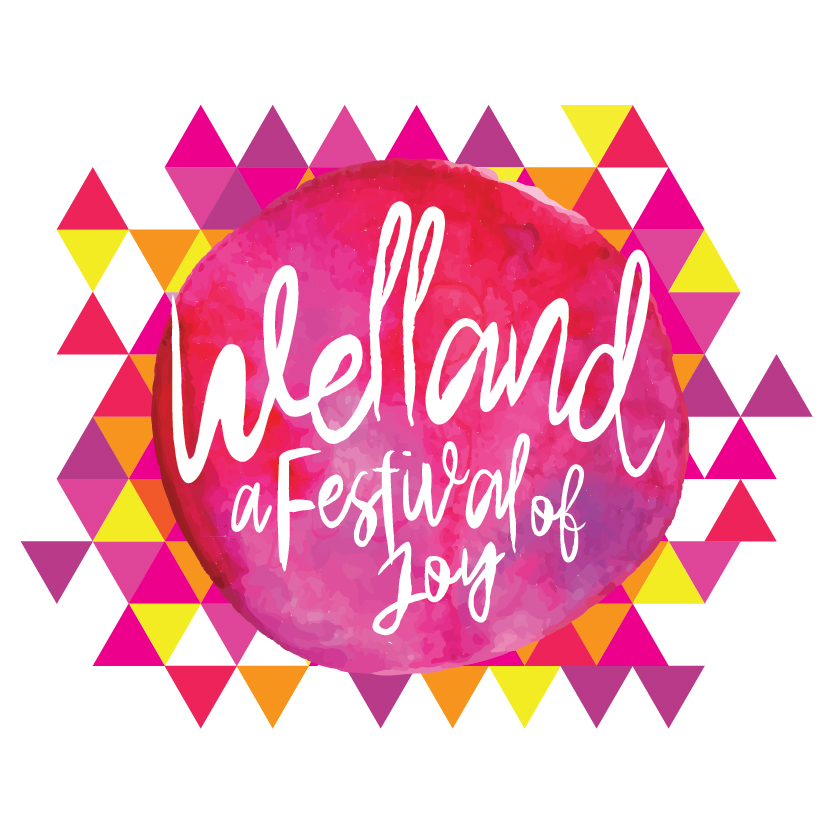 Welland festival logo - pink circle with orange and purple triangles around it