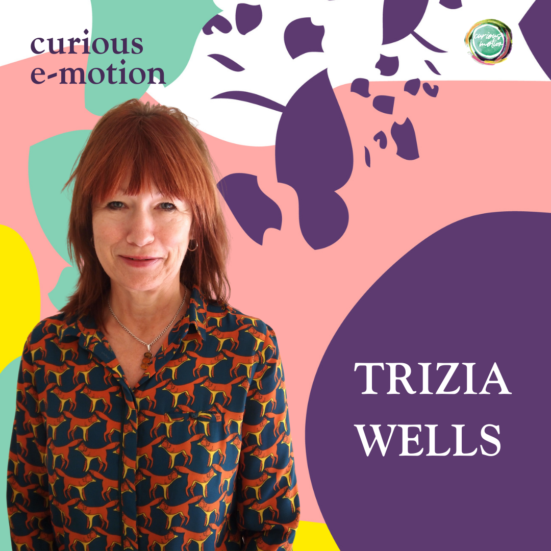 A photo of Trizia - a white female, smiling at the camera - on the podcast branding background. Trizia's name is written in white text on a purple background to the right of her image.