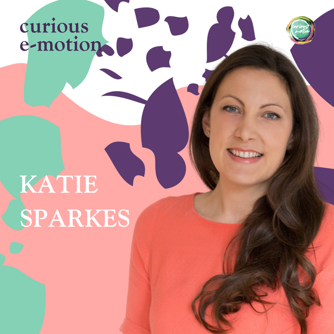 A photo of Katie over the podcast branding background - Katie is wearing a coral/orange long sleeved top and is smiling at the camera. Her name is written in white on a coral, green, white and dark purple background. The colours appear in 'blobs' and random shapes.