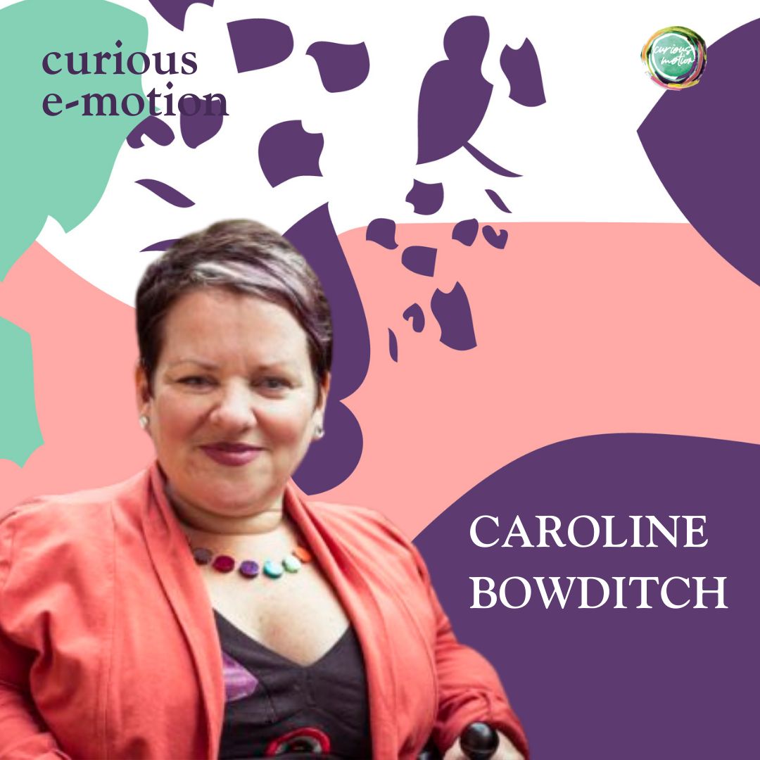 A photo of Caroline with the podcast branding background - Caroline is smiling at the camera. Her name is written in white on a coral, green, white and dark purple background. The colours appear in 'blob's and random shapes.