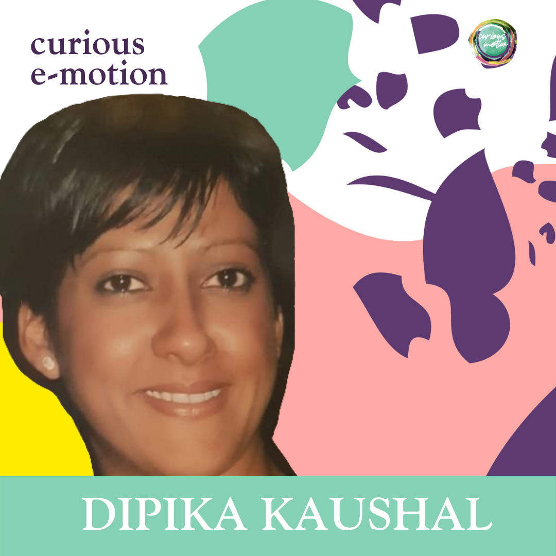 A photo of Dipika on podcast branding background - as asian female, smiling at the camera. Her name is written in white on a green background below her photo.