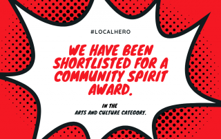 Comic style icon that says 'We have been shortlisted for a community spirit award - arts & culture'